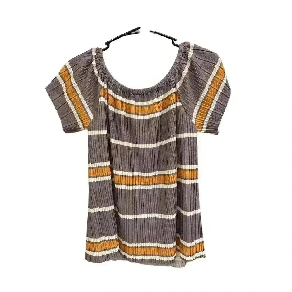 Entro Pleated Purple and Gold Striped off the Shoulder top Size S, Pre-Owned